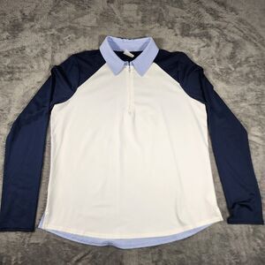 Belyn Key Women Large White Navy Performance Long Sleeve Golf Shirt Zip Collar